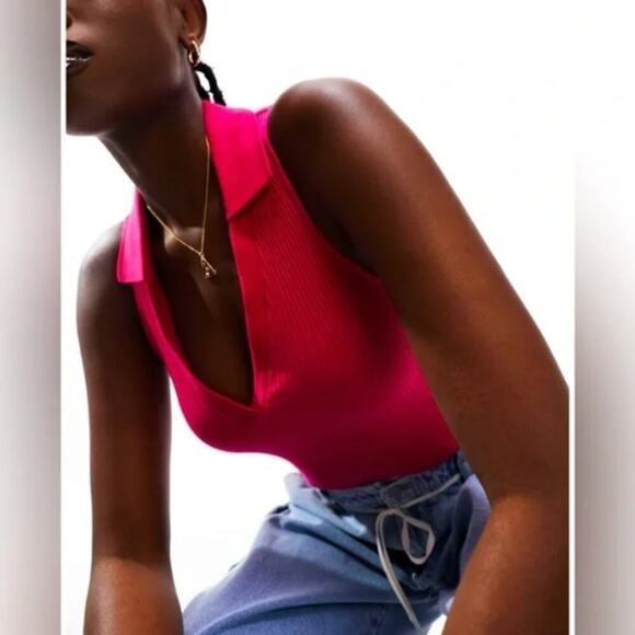 House of Harlow Pink Collared Ribbed V-Neck Sleeveless Crop Top - XS - Picture 1 of 8